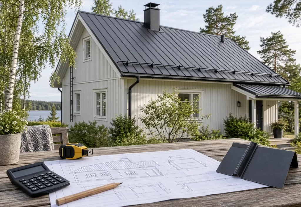 Kattoremontin suunnitelmat, laskin ja peltikatemalli pöydällä, taustalla vaalea omakotitalo tummalla peltikatolla.
