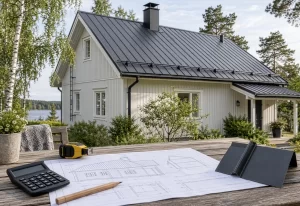 Kattoremontin suunnitelmat, laskin ja peltikatemalli pöydällä, taustalla vaalea omakotitalo tummalla peltikatolla.