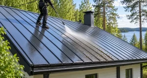 Työntekijä pesee tummanharmaata peltikattoa painepesurilla turvavaljaisiin kiinnitettynä.